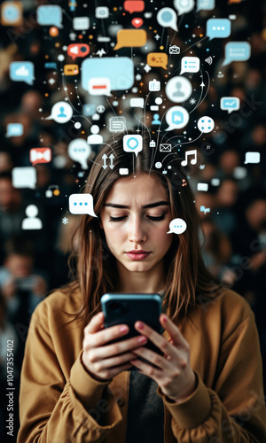 Young woman absorbed in her phone, reflecting social media addiction concerns