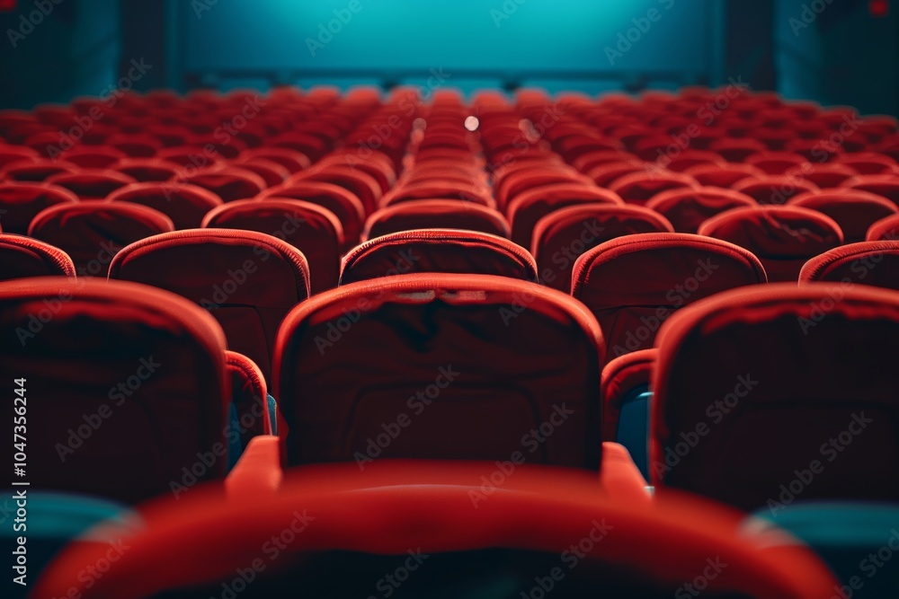 A cinema hall featuring rows of red seats facing a large screen. The empty theater is dimly lit, creating a calm atmosphere. A cinema hall featuring rows of red seats facing a large screen. The empty theater is dimly lit, creating a calm atmosphere.