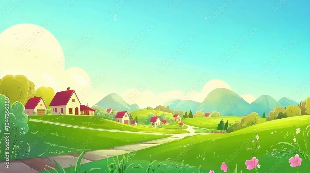 Village Panorama: Green Meadows and Blue Skies in a Cartoon Landscape Village Panorama: Green Meadows and Blue Skies in a Cartoon Landscape