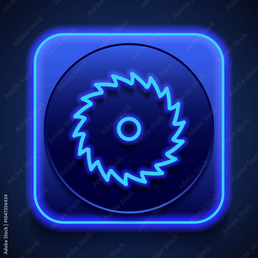 Circular saw blade simple icon vector. Flat design. Blue neon style on button. With shadow Circular saw blade simple icon vector. Flat design. Blue neon style on button. With shadow