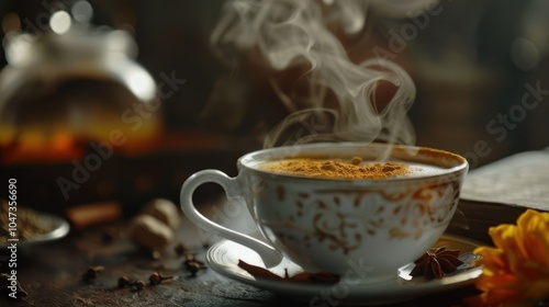 Steaming Cup of Tea with Cinnamon and Star Anise