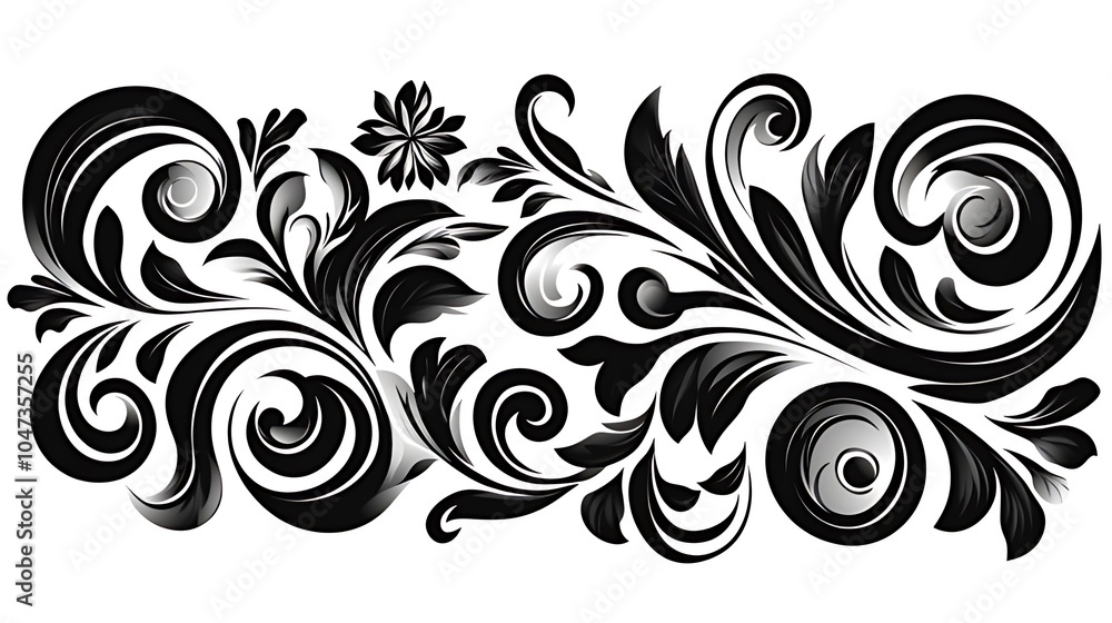 Fototapeta premium Black and white floral design with swirls and leaves.