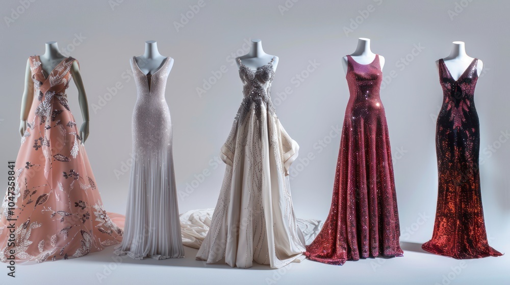 Five Sequined Dresses on Mannequins in a Row Five Sequined Dresses on Mannequins in a Row