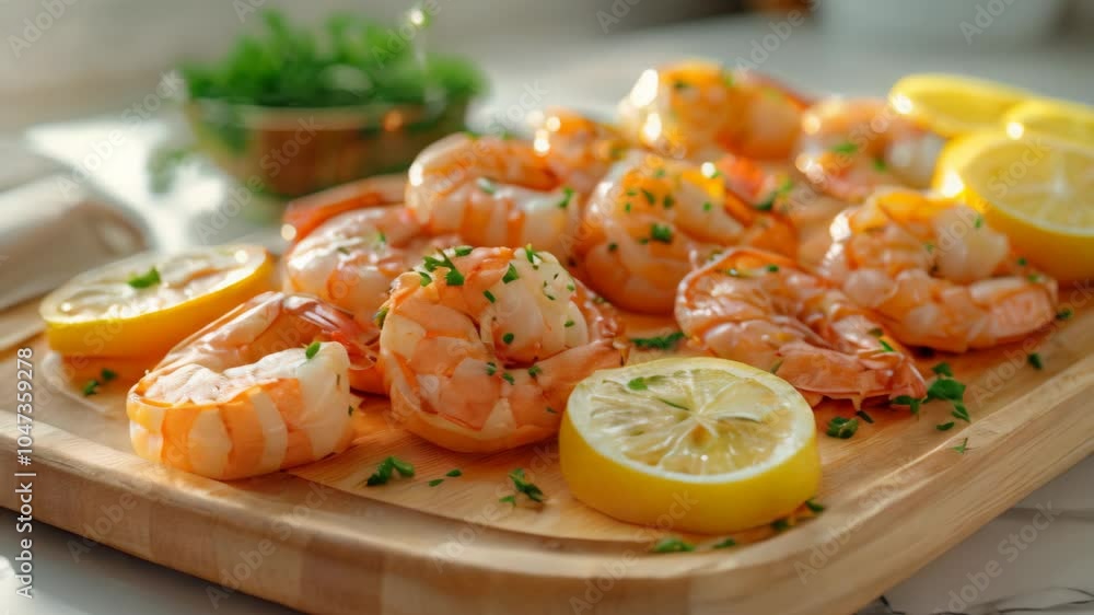 Delicious grilled shrimp served with fresh lemon slices and herbs on a wooden platter Delicious grilled shrimp served with fresh lemon slices and herbs on a wooden platter