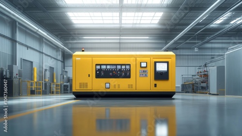 Bright yellow industrial diesel generator in modern factory setting with LED displays and emergency stop buttons in ultrahigh resolution technical documentation style