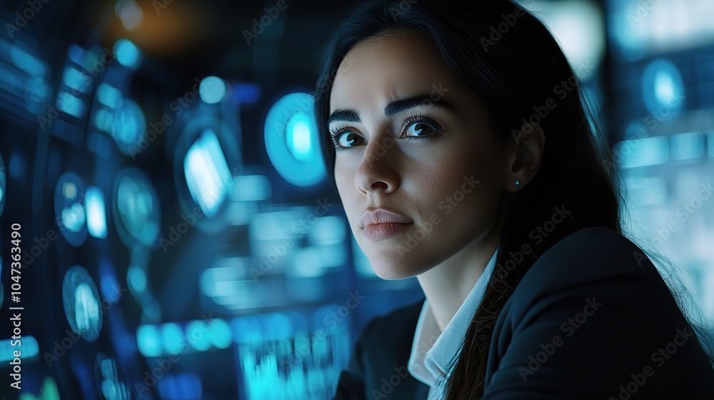 Focused Professional with Digital Interface Background