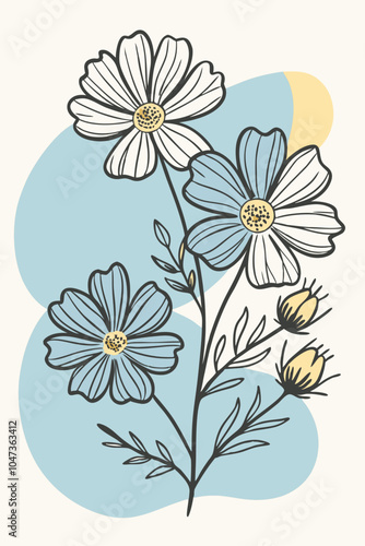 Cosmos Branch with Flowers and Color Blobs Vector Illustration in Floral Art Style