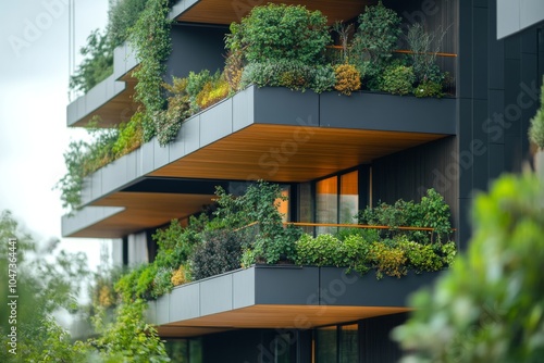 Modern Apartment Building with Green Roof and Balcony Gardens