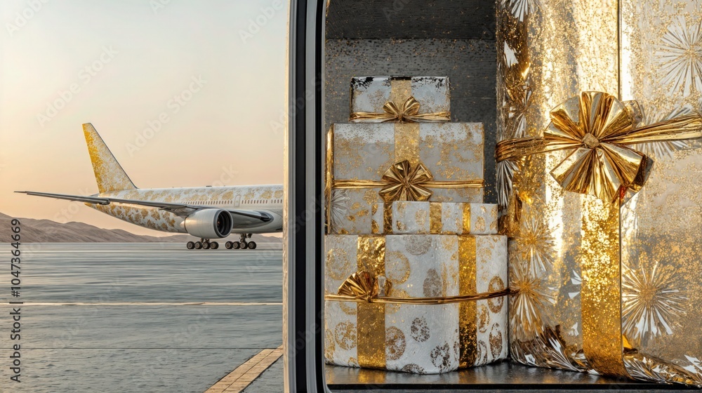 Luxury airplane cargo with golden wrapped gifts in airport setting during sunset, showcasing exclusive delivery service.