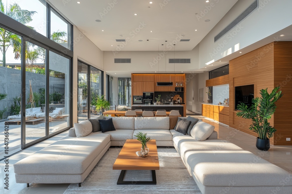 Modern Living Room Interior Design with Sectional Sofa Wood Accents and Large Windows Modern Living Room Interior Design with Sectional Sofa Wood Accents and Large Windows
