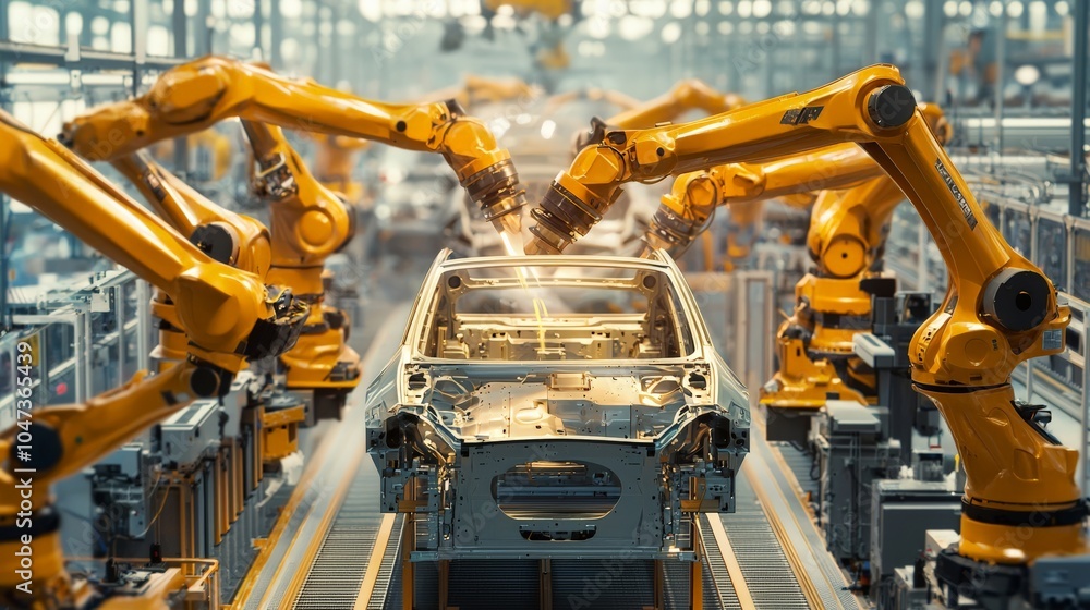Assembly line of car parts being painted by robotic arms Assembly line of car parts being painted by robotic arms