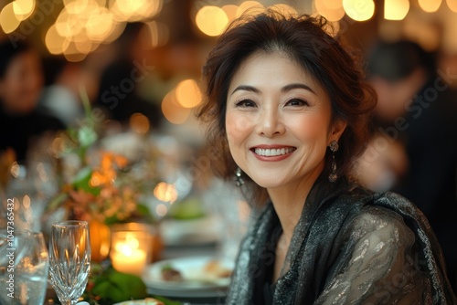 A woman smiling at a elegantly set dining table with warm lighting in the background.