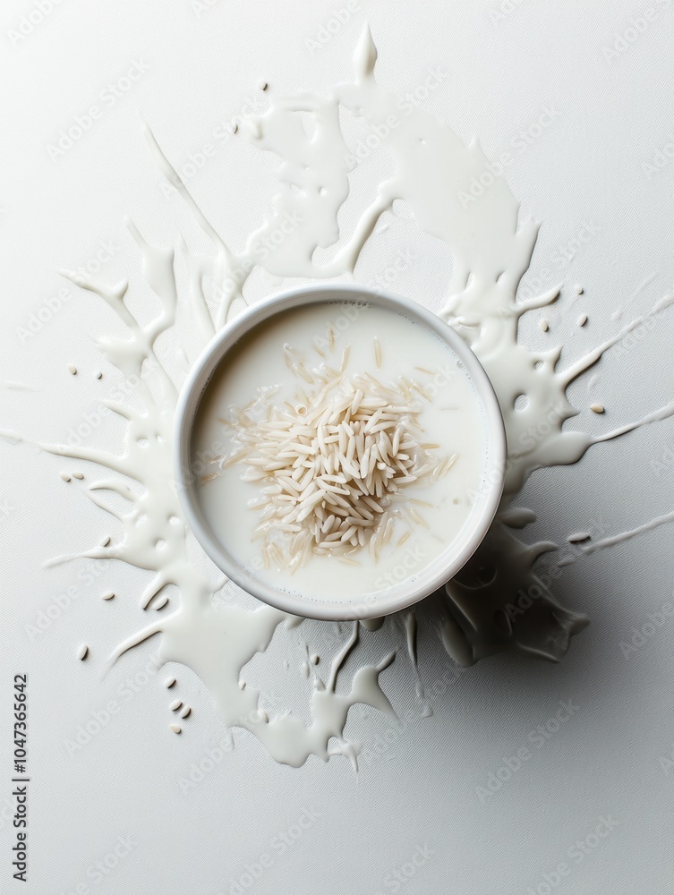 Fototapeta premium A white bowl of milk with rice in it