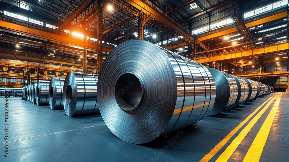 Rows of Steel Coils in Industrial Facility. Multiple large steel coils are arranged in neat rows in a high-tech industrial facility, ready for transportation or further processing. Rows of Steel Coils in Industrial Facility. Multiple large steel coils are arranged in neat rows in a high-tech industrial facility, ready for transportation or further processing.