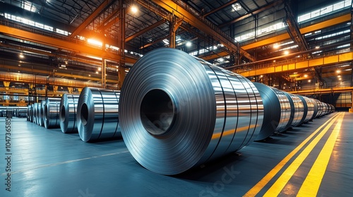 Rows of Steel Coils in Industrial Facility. Multiple large steel coils are arranged in neat rows in a high-tech industrial facility, ready for transportation or further processing. photo