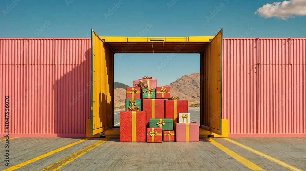 Christmas gift boxes with red and green wrapping in colorful shipping container, holiday delivery in desert setting