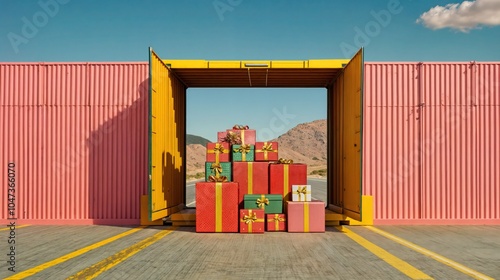 Obraz na płótnie Christmas gift boxes with red and green wrapping in colorful shipping container, holiday delivery in desert setting
w salonie