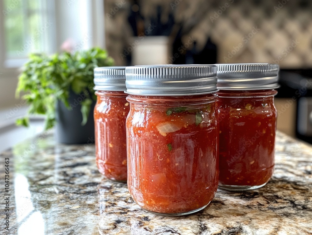Three jars of tomato sauce are sitting on a counter Three jars of tomato sauce are sitting on a counter