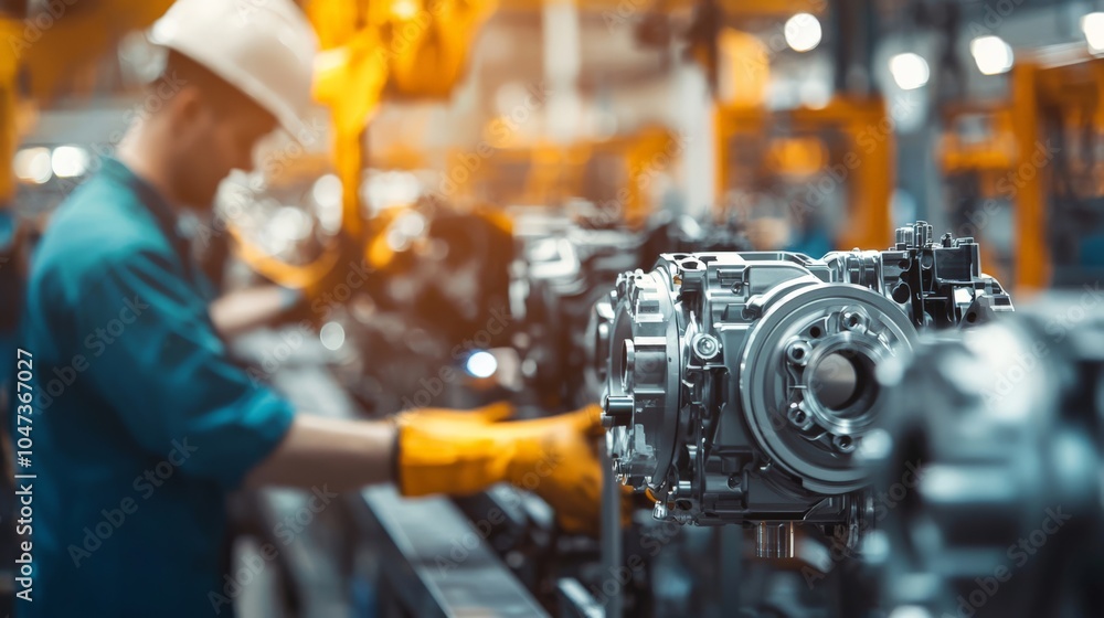 Assembly line workers assembling automotive parts in a factory, with modern machinery in the background Assembly line workers assembling automotive parts in a factory, with modern machinery in the background