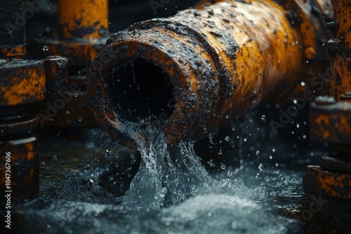 Water Flowing from Rusty Pipe Close Up Industrial Abstract Texture Water Droplets 