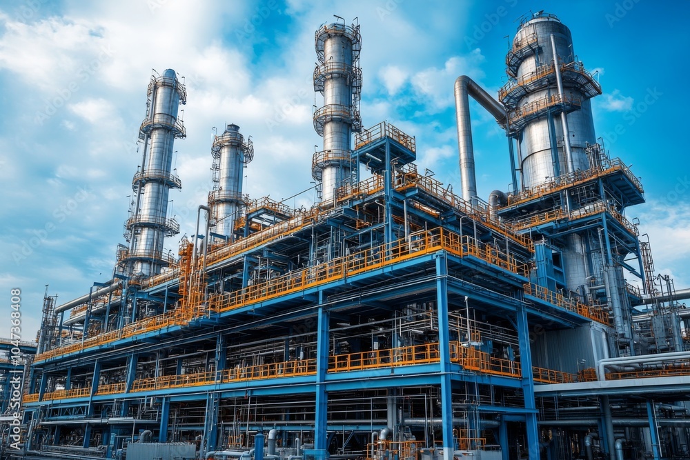 Industrial Plant With Blue Steel Structure And Tall Chimneys Against Blue Sky Industrial Plant With Blue Steel Structure And Tall Chimneys Against Blue Sky