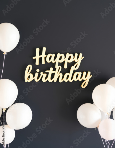Modern decoration for birthday party, Happy birthday sign in the interior, birthday card, happy birthday inscription in balloons