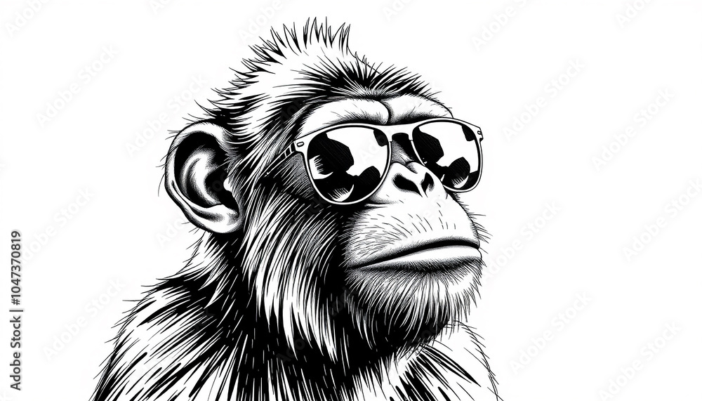 Obraz premium A stylish monkey wearing sunglasses, a suit, and a bow tie. Black-and-white image.