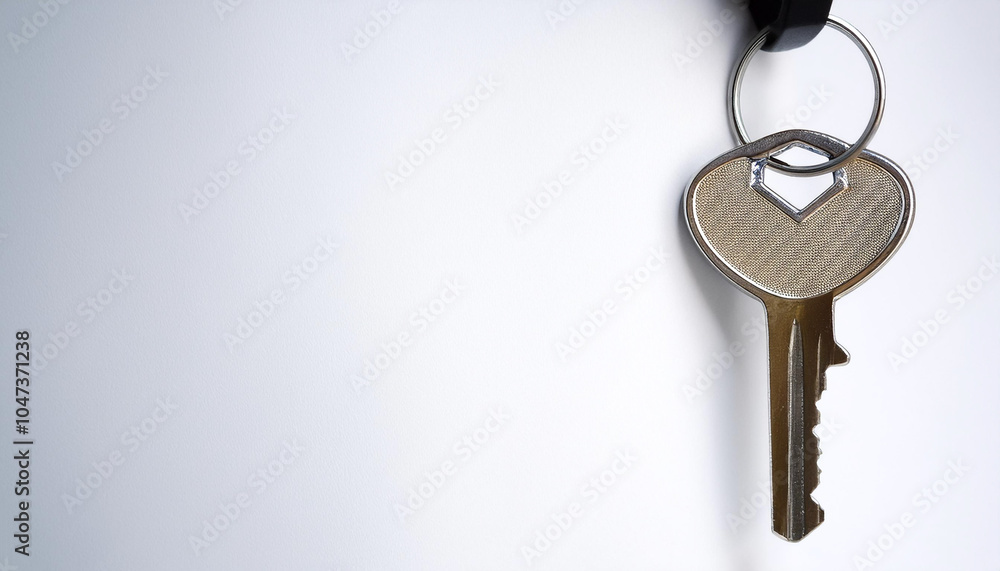 Hanging key on side position provides copy space for text. background concept isolated white Hanging key on side position provides copy space for text. background concept isolated white