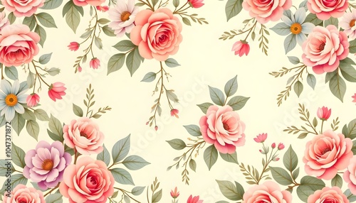 Wallpaper Mural Vintage style floral pattern with pink roses. AI generated Torontodigital.ca