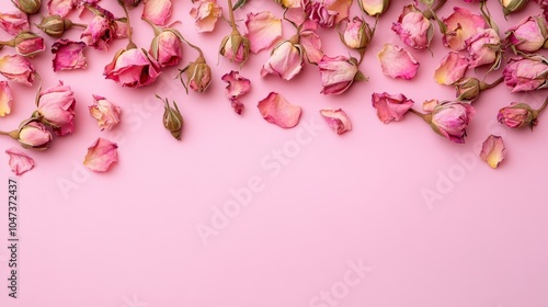 Fototapeta Naklejka Na Ścianę i Meble -  Dried pink roses and petals arranged on pink background creating copy space