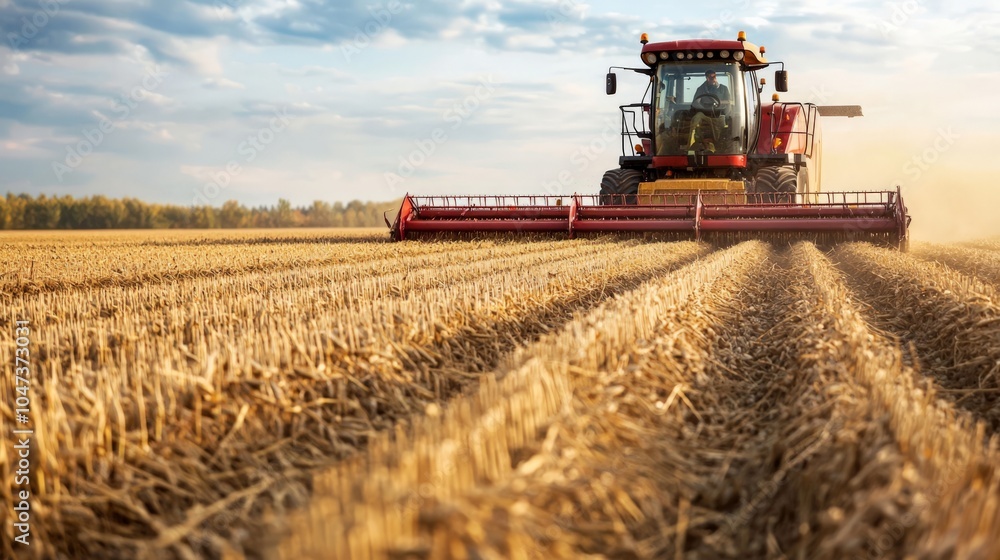 Automated machinery harvesting crops in a large field Automated machinery harvesting crops in a large field