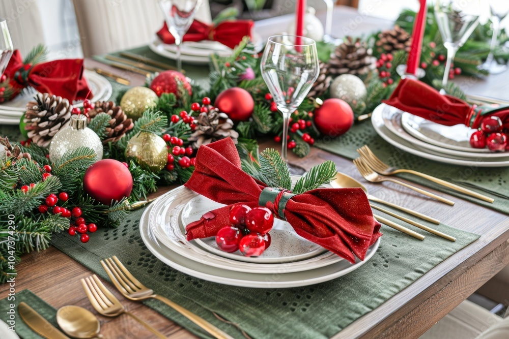 Elegant Christmas table setting with red napkins, pine cones, berries, and gold cutlery, creating a festive holiday atmosphere. Elegant Christmas table setting with red napkins, pine cones, berries, and gold cutlery, creating a festive holiday atmosphere.