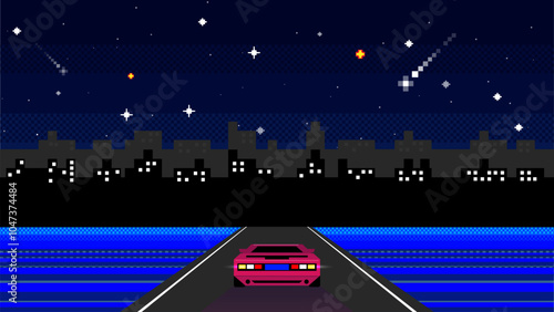 Pixel synthwave graphics with night city background and racing car on the road.