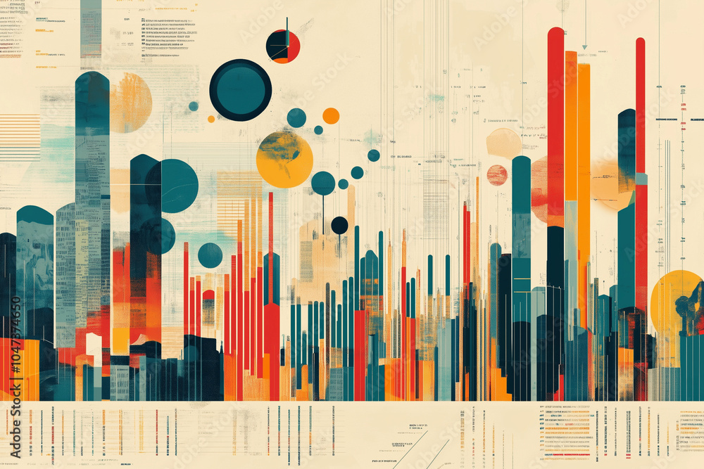 colorful cityscape with a large circle in the middle and a series of colorful bars and lines surrounding it colorful cityscape with a large circle in the middle and a series of colorful bars and lines surrounding it