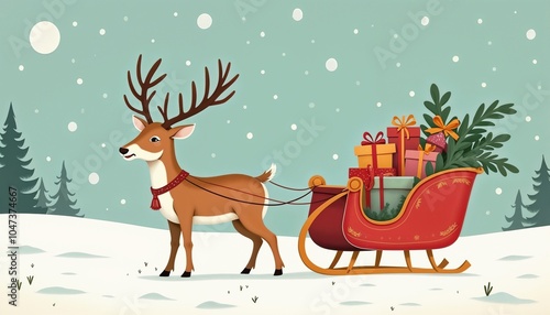 Festive reindeer with joyful expression pulling traditional sleigh loaded with gifts against snowy forest background