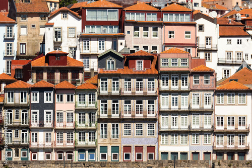 Houses of Porto Ribeira, Traditional Facades. Old Buildings with Red Roof Tiles in the city of Porto, Portugal