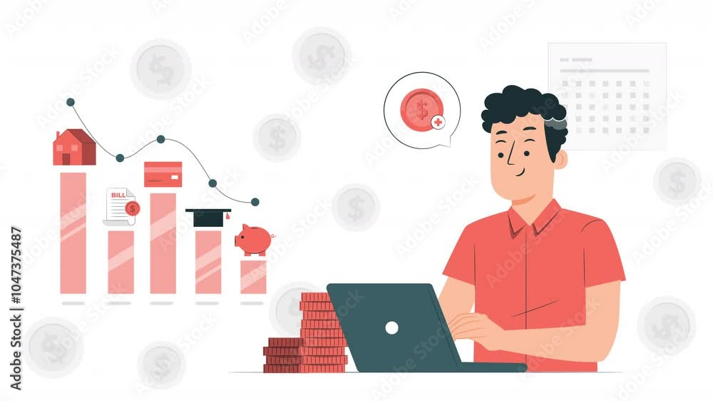 Businessman character works at laptop 2d animation. Financial business. Accounting, analysis, audit, research. infographics. office worker, manager, clerk Businessman character works at laptop 2d animation. Financial business. Accounting, analysis, audit, research. infographics. office worker, manager, clerk