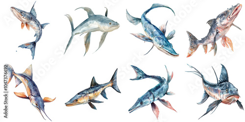 This set of watercolor illustrations showcases paddlefish in various poses, highlighting their unique features and graceful movements. Each paddlefish is depicted in a different position, capturing th photo