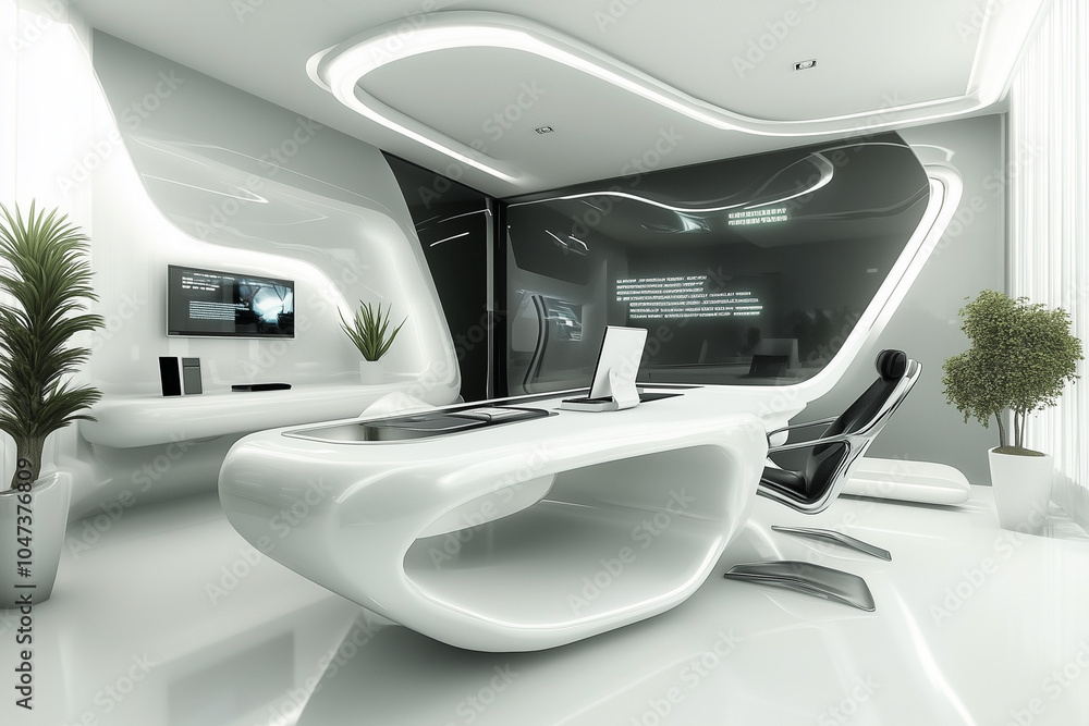 futuristic office with a black chair and a white desk. The room is filled with technology and has a modern, sleek design futuristic office with a black chair and a white desk. The room is filled with technology and has a modern, sleek design