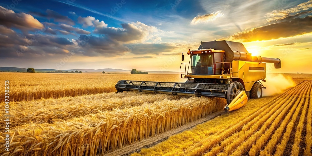 Fototapeta premium Yellow combine harvester in golden wheat field with leading lines