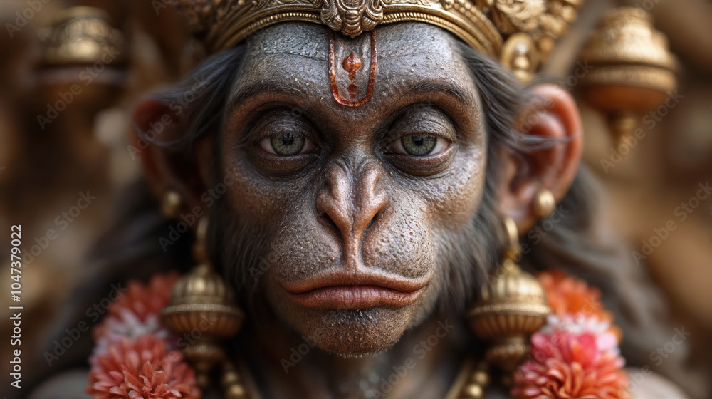 Close-up of ornate Hanuman deity statue with tilak mark and garland, showing detailed metallic features and traditional Hindu decorative elements in dramatic lighting Close-up of ornate Hanuman deity statue with tilak mark and garland, showing detailed metallic features and traditional Hindu decorative elements in dramatic lighting