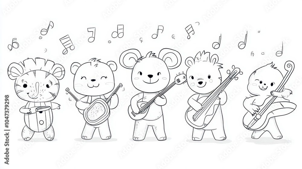 A cheerful band of adorable animal friends playing music together in a lively celebration under a whimsical sky, coloring page A cheerful band of adorable animal friends playing music together in a lively celebration under a whimsical sky, coloring page