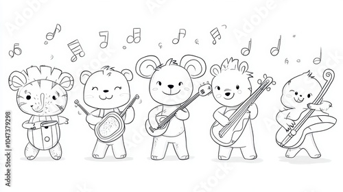 A cheerful band of adorable animal friends playing music together in a lively celebration under a whimsical sky, coloring page