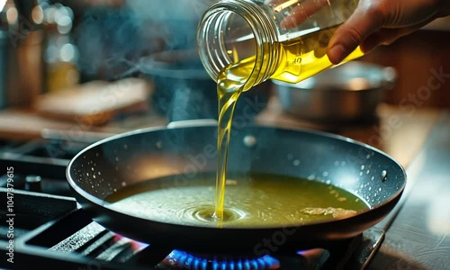 Pouring oil into a frying pan for cooking.