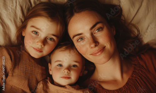 Heartwarming Family Portrait: Mother and Children Captured in a Moment of Tenderness