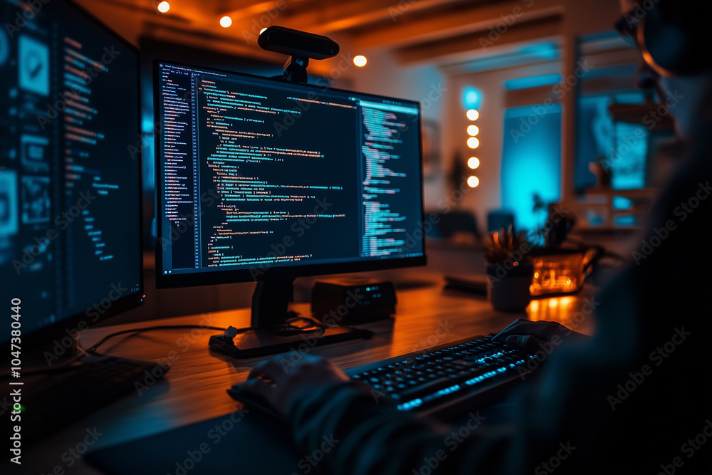 person is typing on a computer with two monitors, one of which is displaying a black screen with code. Concept of focus and concentration as the person works on their computer person is typing on a computer with two monitors, one of which is displaying a black screen with code. Concept of focus and concentration as the person works on their computer