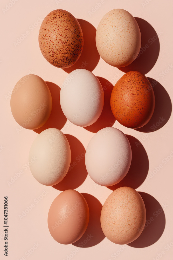 Diverse Egg Collection Displayed in Natural Light on Pink Background Diverse Egg Collection Displayed in Natural Light on Pink Background