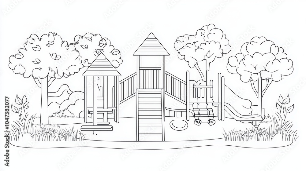 Fototapeta premium A whimsical playground in a serene park setting, featuring slides, swings, and climbing structures surrounded by lush greenery