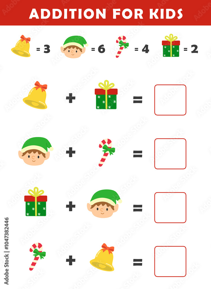 Fototapeta premium Christmas activity sheet. Addition for Kids. Fun Math Logic Puzzles for Kids. Math Game with Cute Christmas Pictures. Math Activities for Children. 