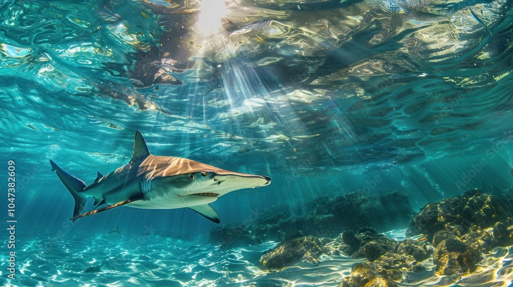 Fototapeta premium Shark Swimming Underwater with Sunbeams Shining Through the Water